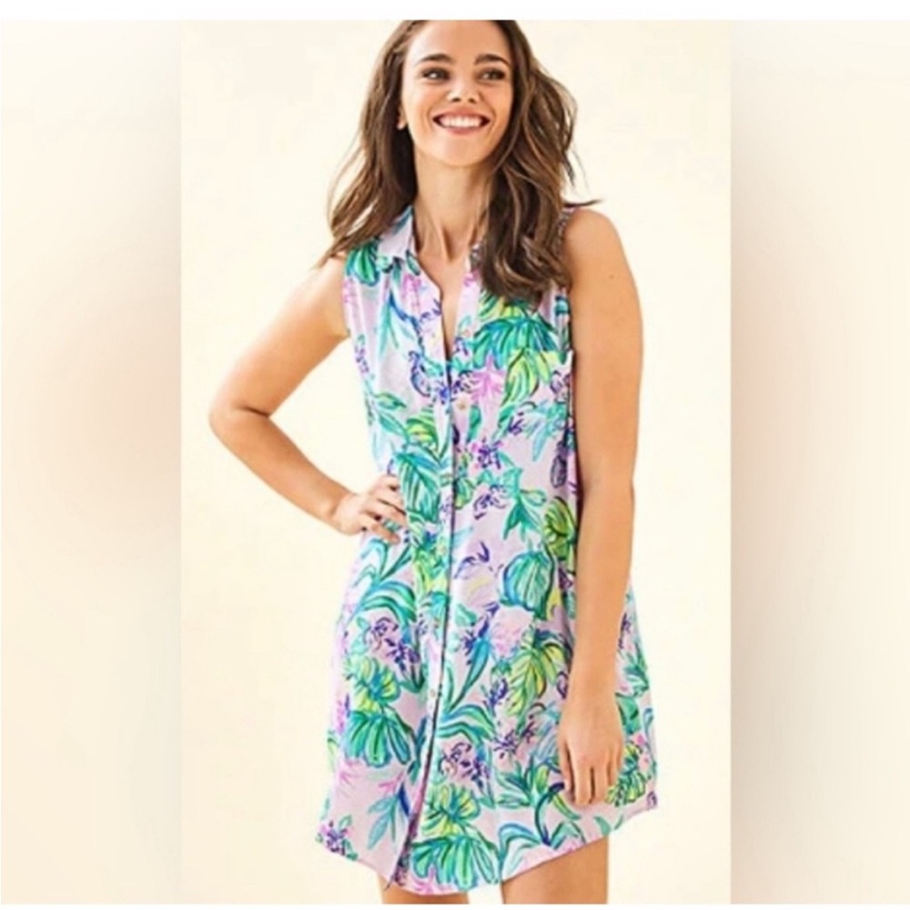 EUC Natalie Sleeveless Dress Mermaids in the Shade Print Size S 💜🩵💚